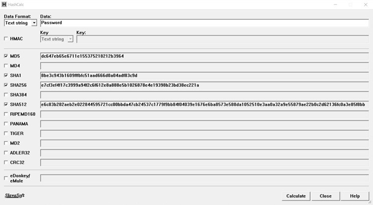 Figure 2.27 – Hashcalc generates hash codes for given plain text input using multiple algorithms
