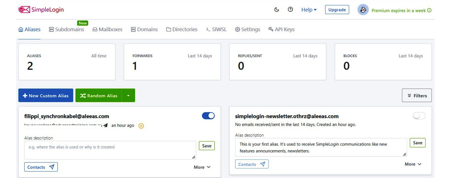 Figure 3.2 – Create custom and random alias using SimpleLogin
