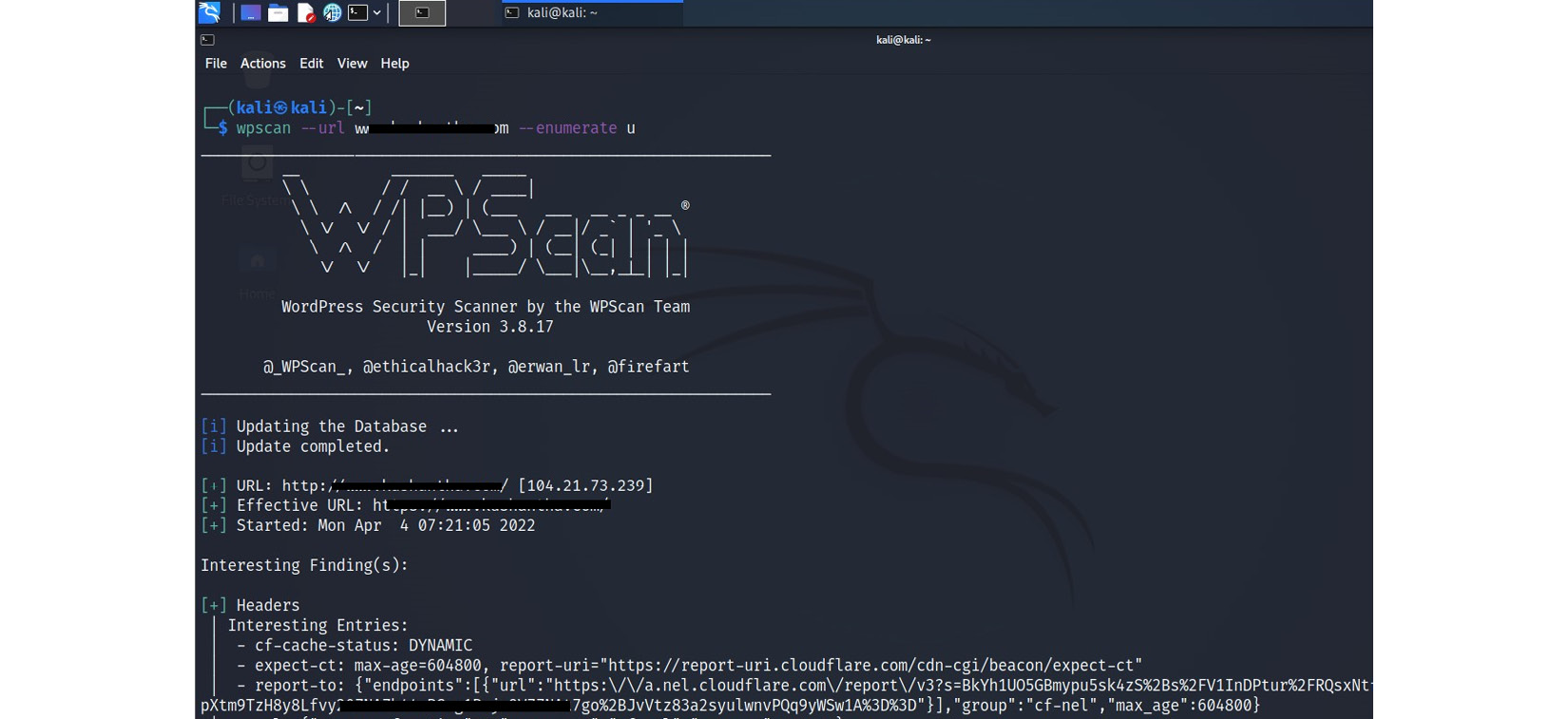 Figure 4.9 – WPScan enumerates usernames from a WordPress website
