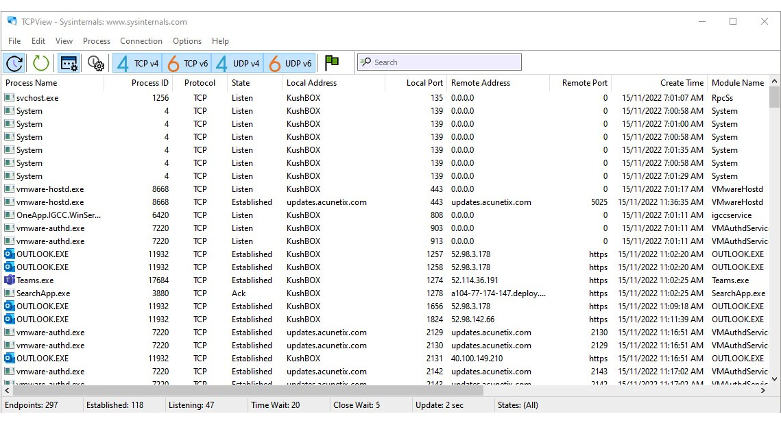 Figure 6.22 – TCPView will show the connection information
