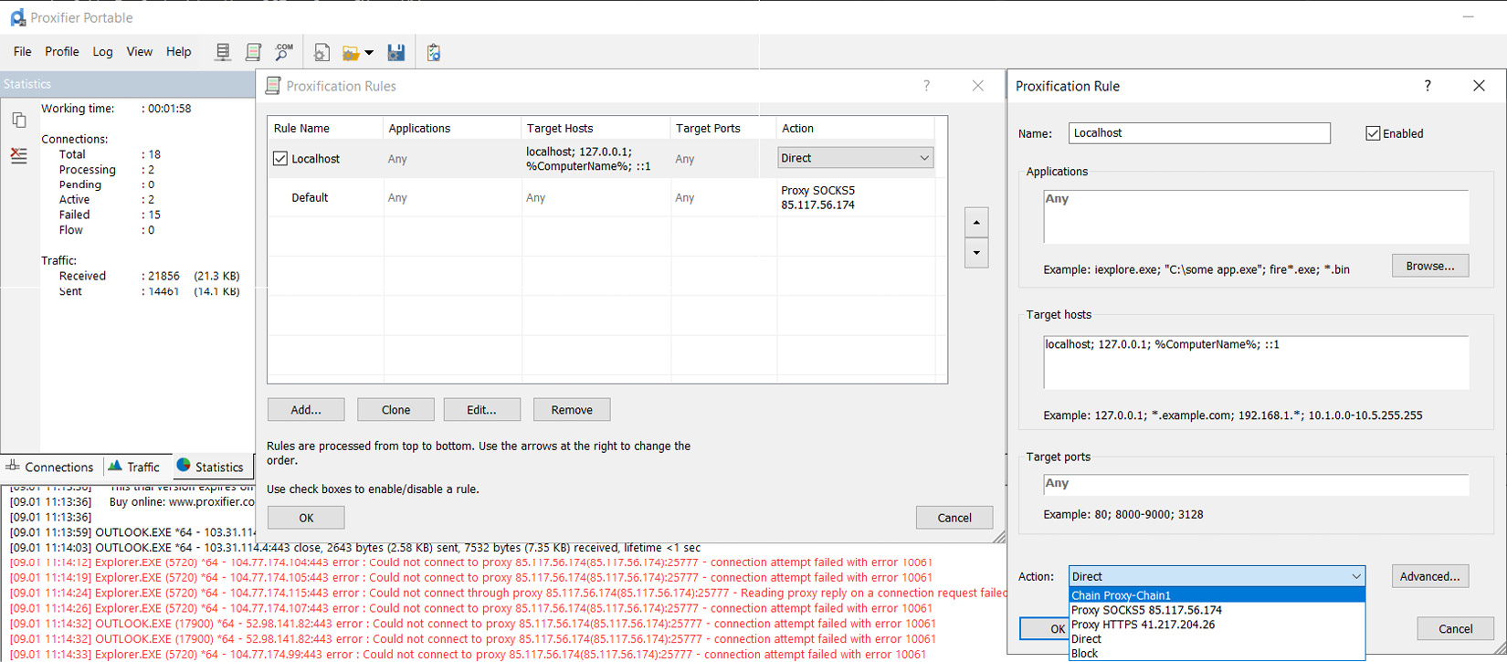 Figure 10.15: Proxifier rules can be configured to direct traffic to different proxy chains
