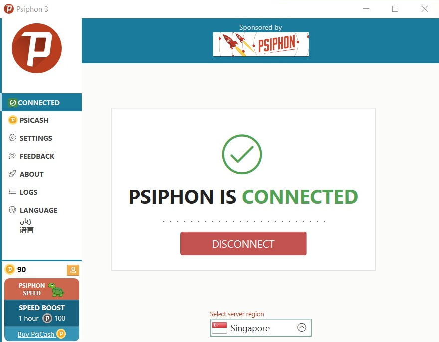 Figure 10.22: Psiphon connects to a censorship circumvention network in Singapore
