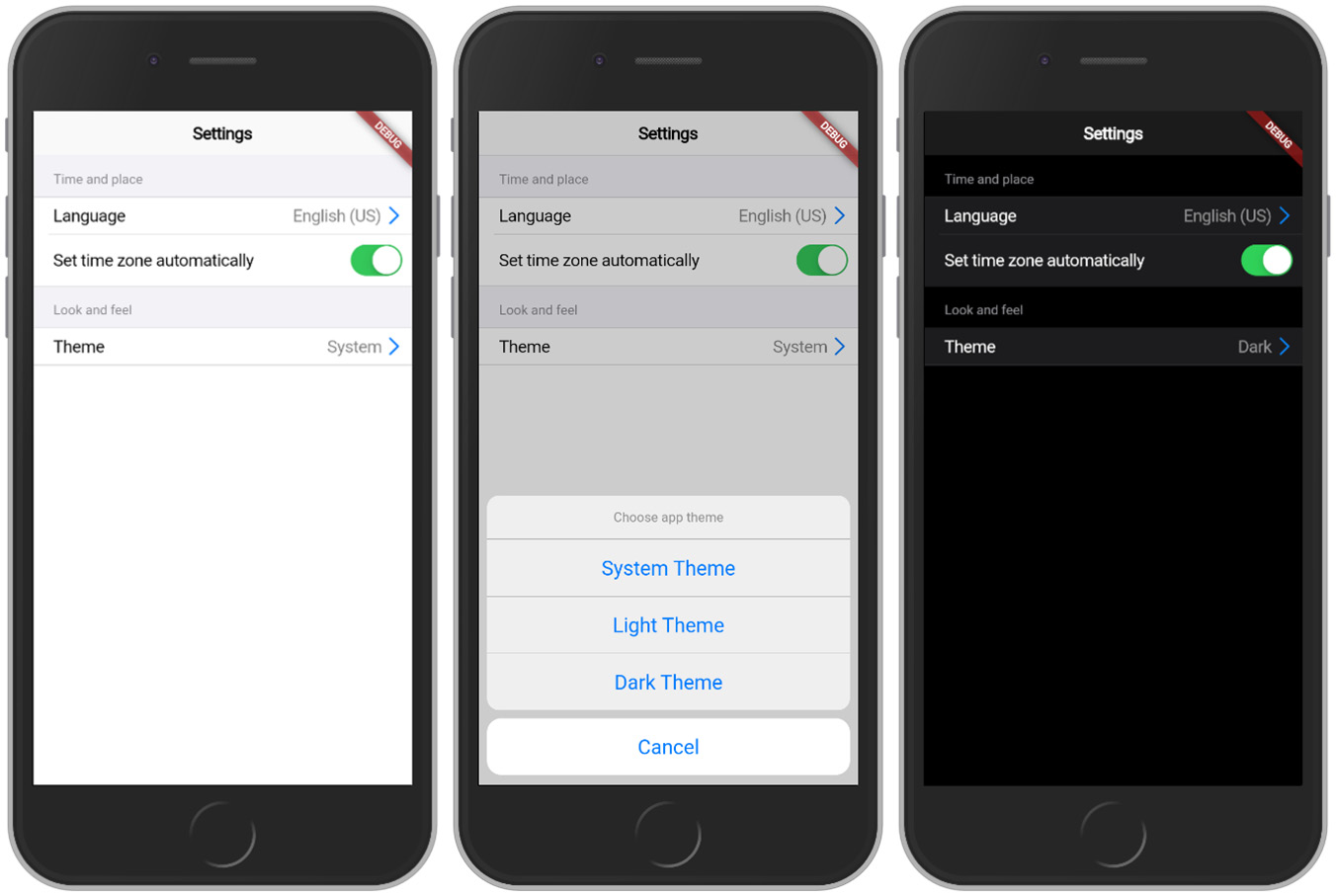 Figure 4.7 – Settings application with theme section
