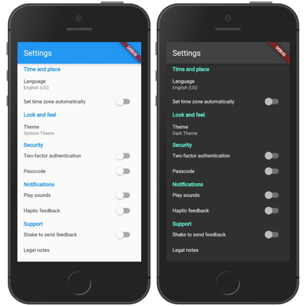 Figure 4.11 – Settings app in light/dark mode
