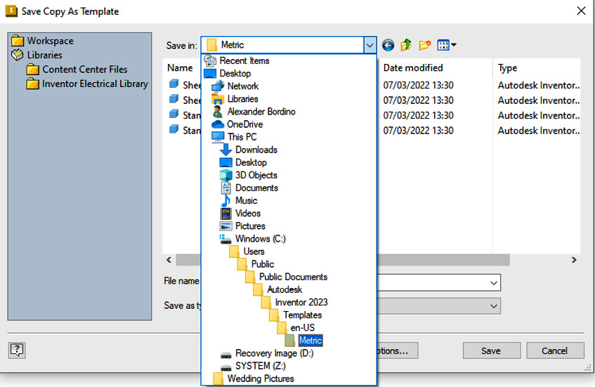 Figure 12.12: File path to browse to save a template
