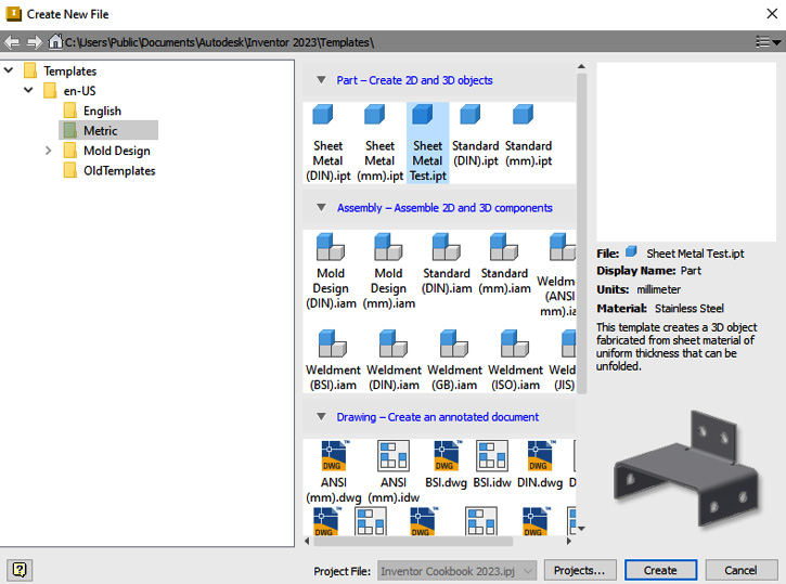 Figure 12.13: Sheet Metal TEST.ipt template available
