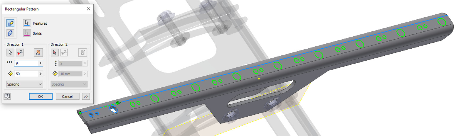 Figure 12.65: Edge to select for Rectangular Pattern, to create the desired number and spacing of holes
