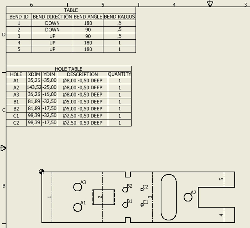 Figure 12.80: Sheet metal hole table and bend ID applied to the drawing
