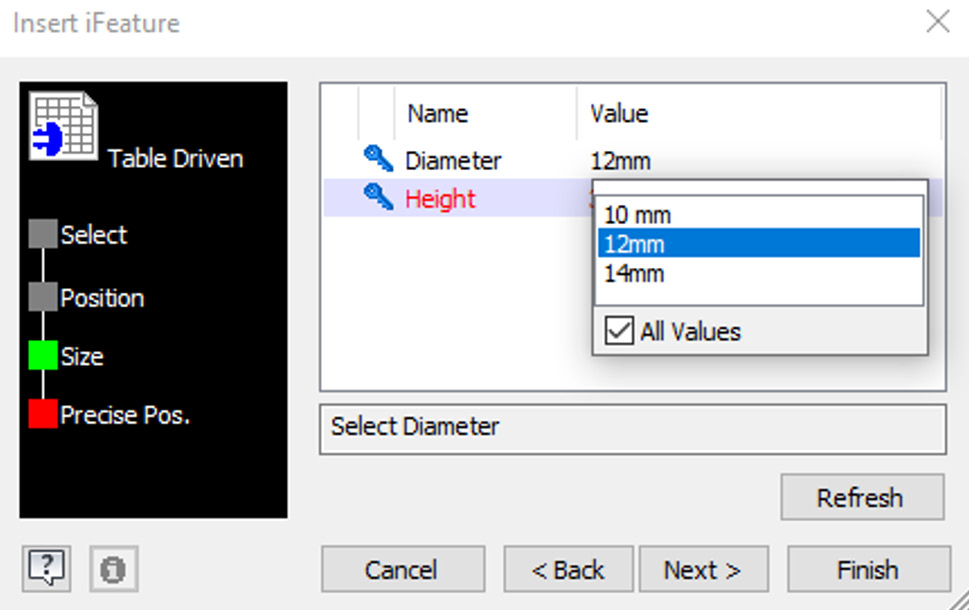 Figure 3.17: iFeature configured and selected, driven with values from the table
