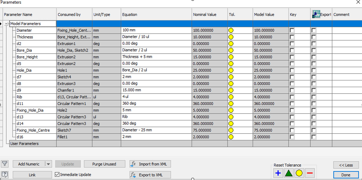 Figure 3.38: Parameters for Bracket.ipt shown
