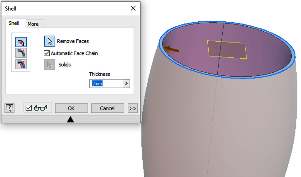 Figure 4.6: Shell thickness and face to remove from model
