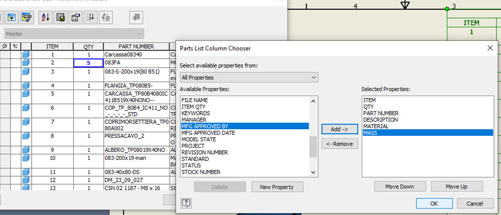 Figure 6.100: Choosing additional columns for the BOM
