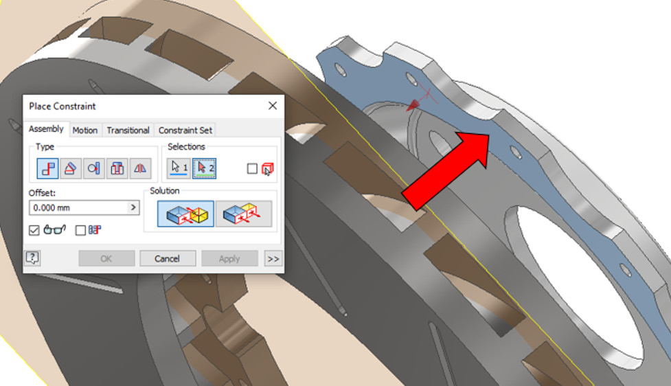 Figure 6.2: First face selected of BRAKE_HUB with the Mate Constrain tool
