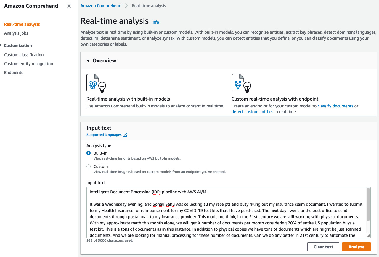 Figure 4.4 – Amazon Comprehend Real-time analysis
