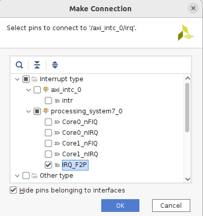 Figure 7.39 – Connecting the AXI INTC interrupt output to the IRQ_F2P PS input
