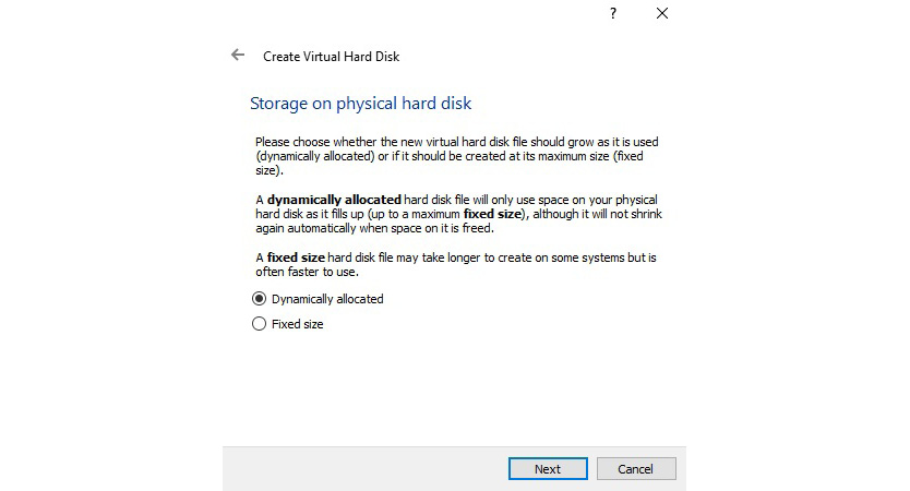 Figure 7.6 – Specifying the virtual hard disk storage allocation type
