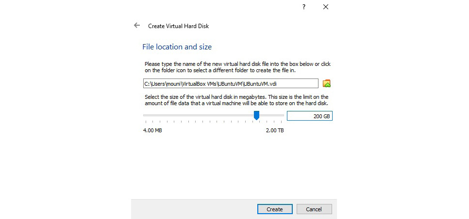 Figure 7.7 – Specifying the size of the virtual hard disk
