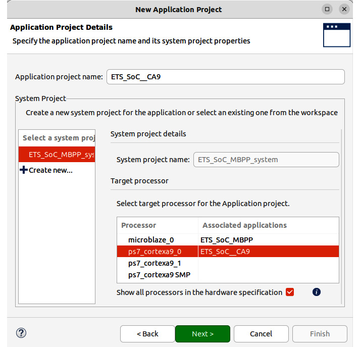 Figure 8.18 – Specifying the ETS SoC Cortex-A9 application project details
