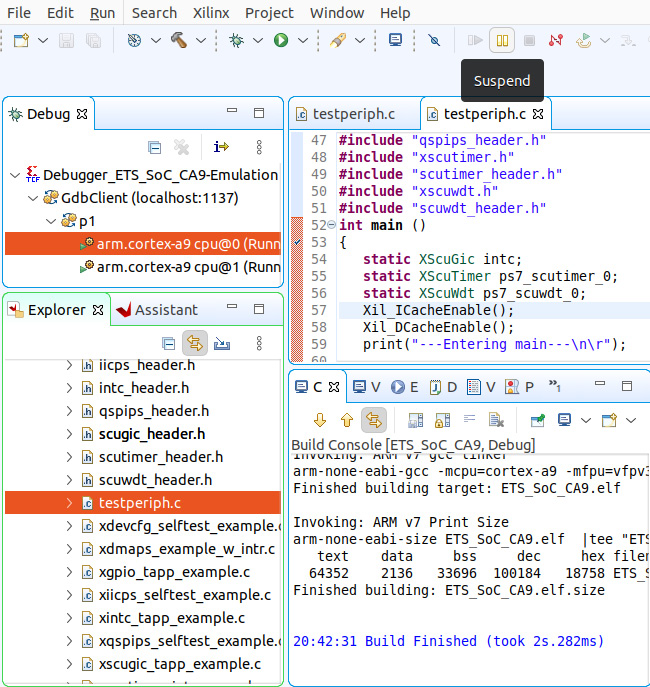 Figure 9.19 – Suspending software execution on QEMU in the Vitis IDE debugger
