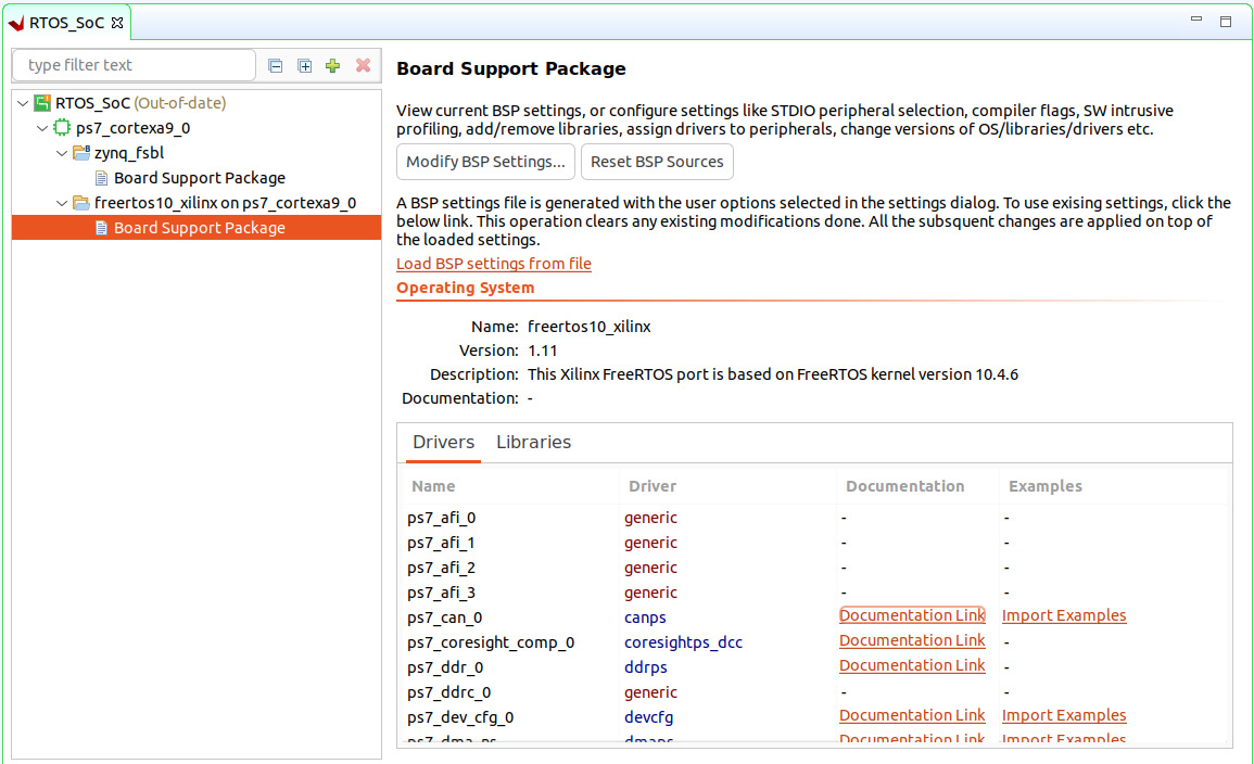 Figure 12.12 – BSPs for the FreeRTOS application project summary
