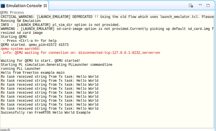 Figure 12.18 – Running the FreeRTOS application image on the virtual platform in the Vitis IDE
