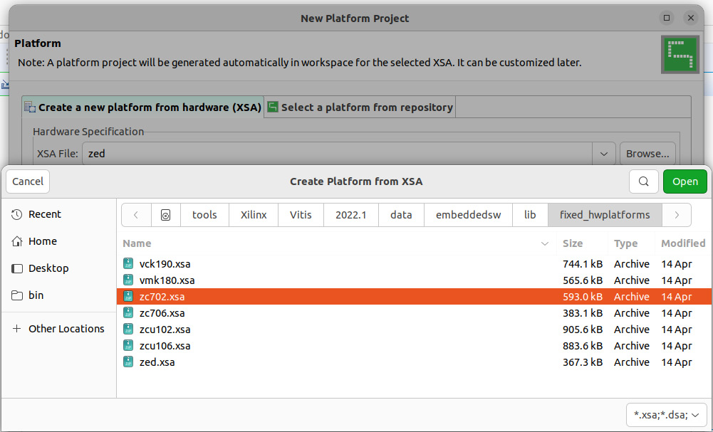 Figure 12.2 – Creating a new platform project from XSA in the Vitis IDE
