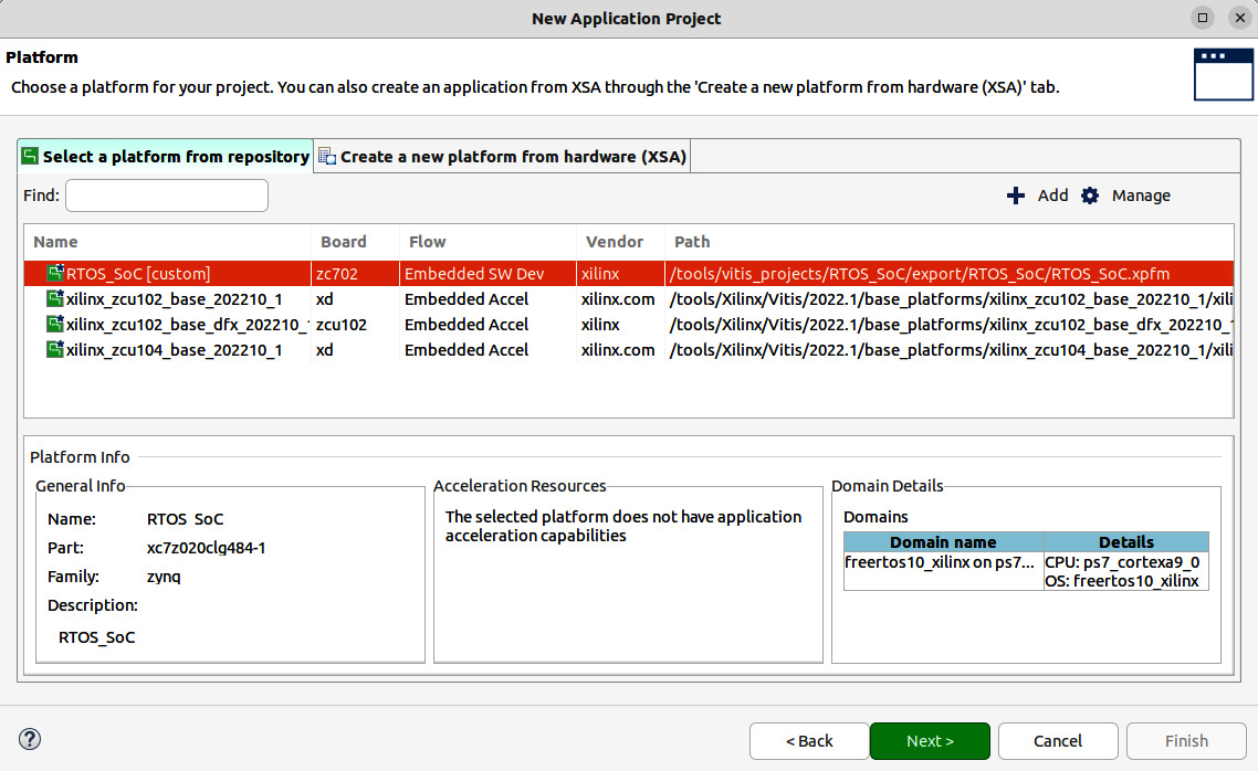 Figure 12.6 – Specifying the platform for the new application project in the Vitis IDE
