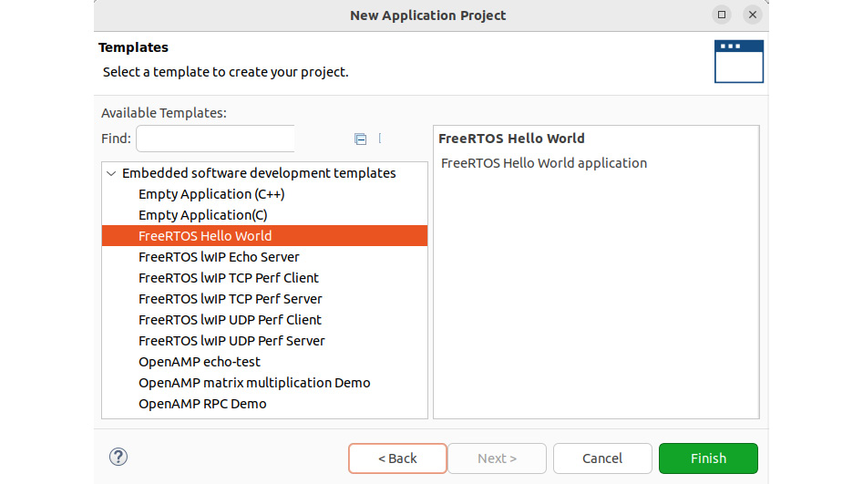 Figure 12.9 – Selecting the FreeRTOS Hello World template for the application project
