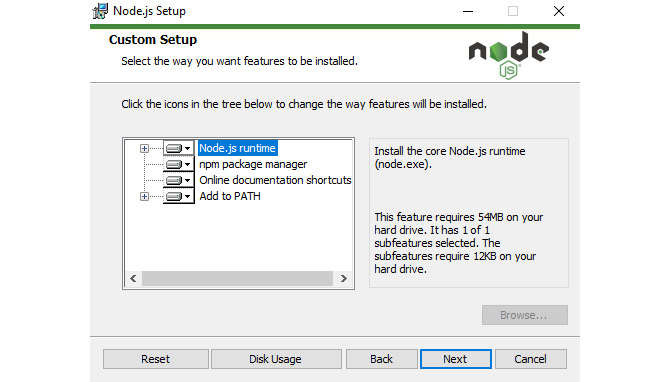 Figure 1.18 – Windows Node.js installer: Custom Setup
