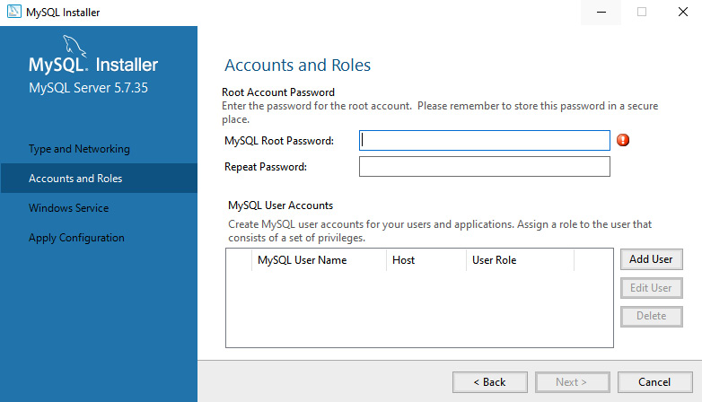 Figure 1.5 – Windows MySQL Installer: Accounts and Roles
