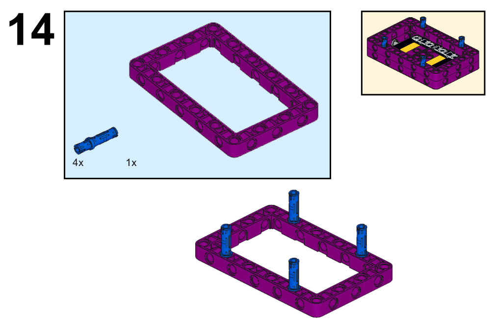 Figure 2.15 – Add four blue connector pins to the purple 7x11 open frame
