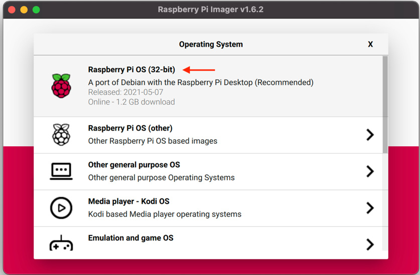 Figure 2.6 – The Raspberry Pi Imager tool and the image to select
