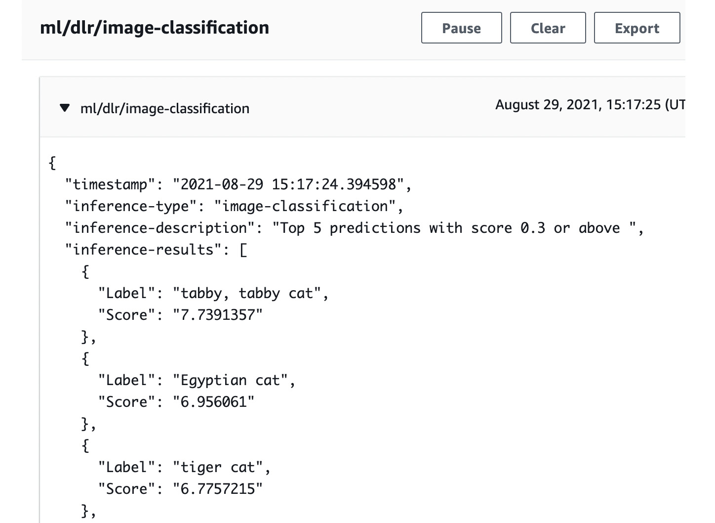 Figure 4.10 – Screenshot of the inference results in AWS IoT Core
