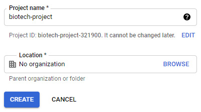Figure 7.24 – A screenshot of the project name and location pane in GCP

