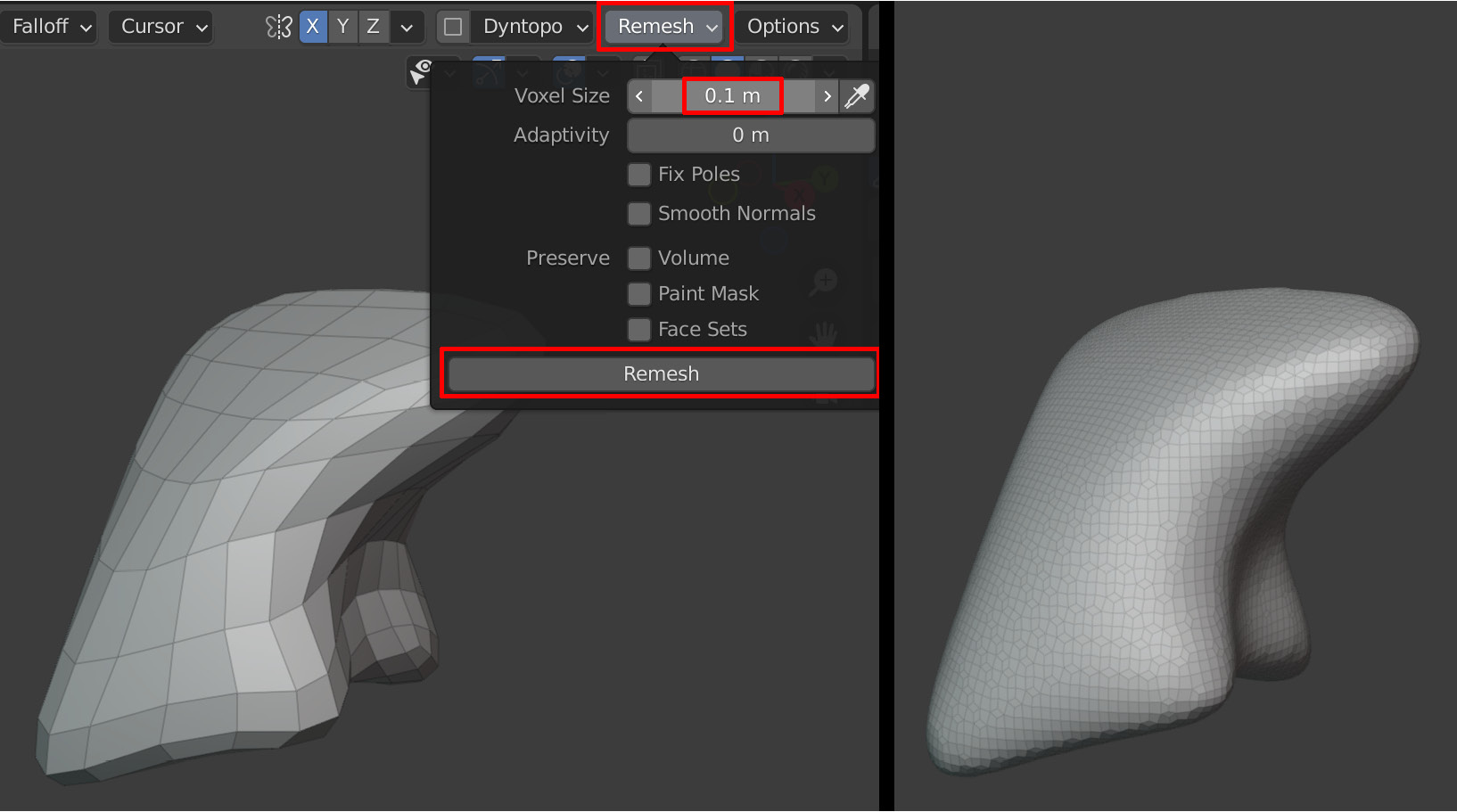 Figure 1.21 – (A) Applying Remesh to your mesh; (B) The result of using Remesh on your mesh
