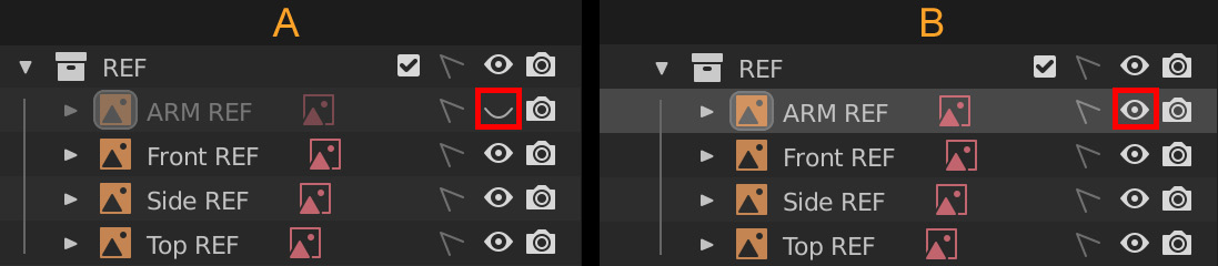 Figure 2.4 – Using the eye icon in the Outliner to toggle visibility
