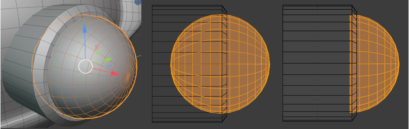 Figure 2.32 – (A) Adding the ball joint (sphere) to the shoulder disk mesh; (B) Wireframe side view of the same ball joint; (C) Wireframe side view of the ball joint with deleted faces
