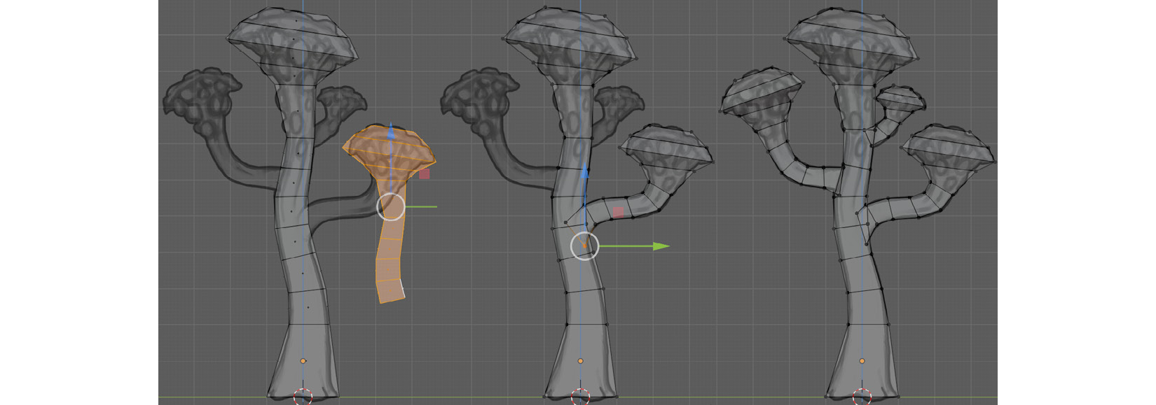 Figure 3.3 – (A) Duplicating the top part of the mesh; (B) and (C) Modifying the shape of the duplicated branches so that they fit the shape of the other branches
