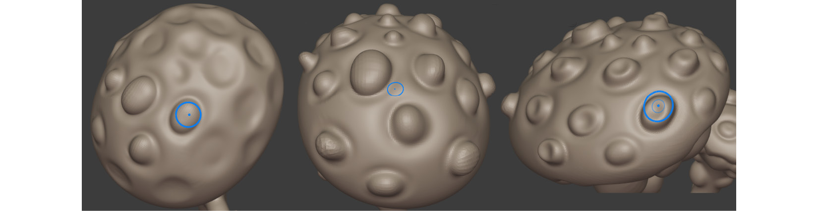 Figure 3.17 – (A) Sculpting the nodules; (B) Inflating the nodules;
(C) Pushing in the center parts
