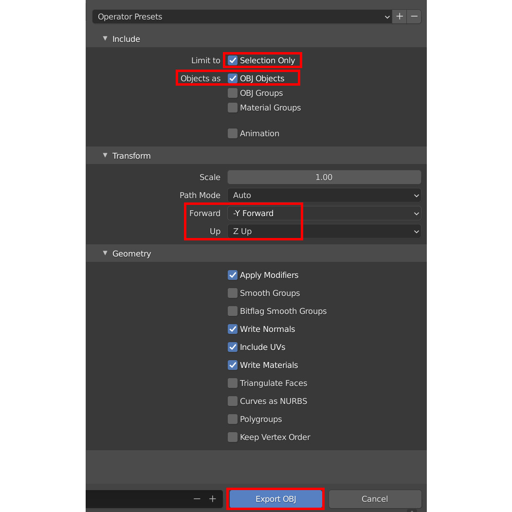 Figure 3.23 – Exporting your model using the Wavefront (.obj) settings
