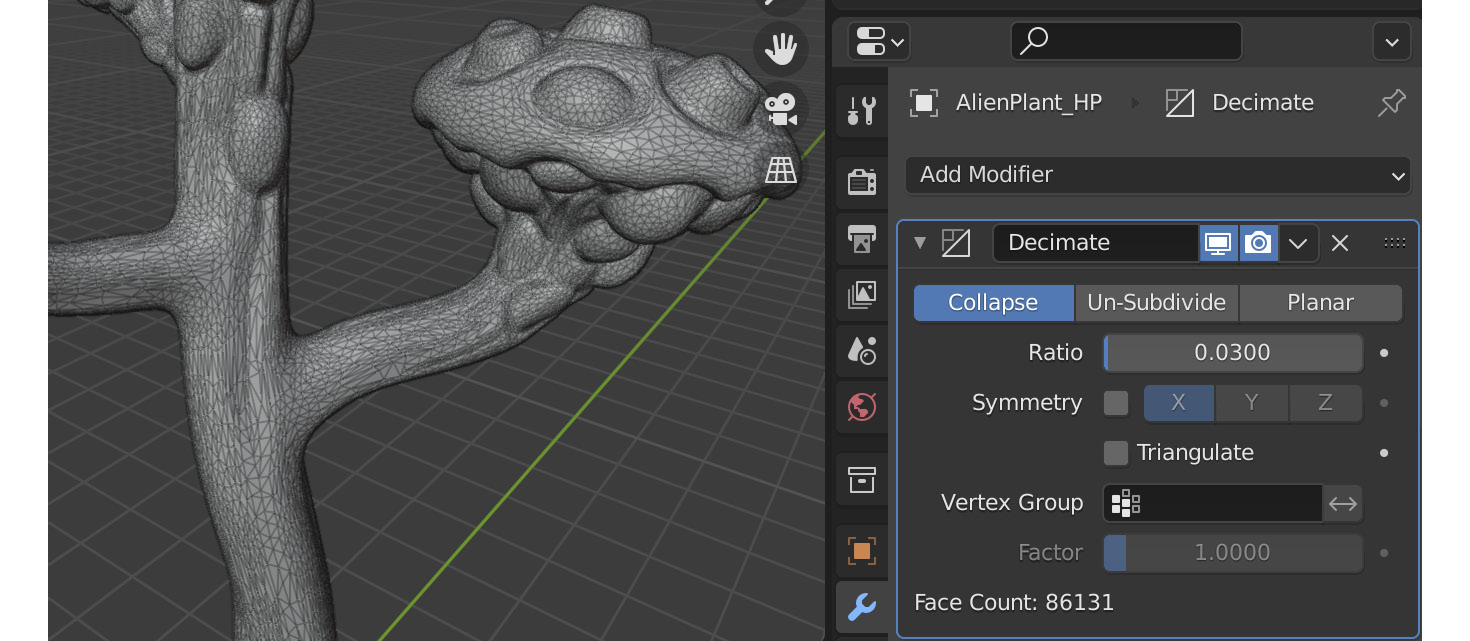 Figure 3.24 – Using the Decimate modifier to reduce mesh density for instant meshes
