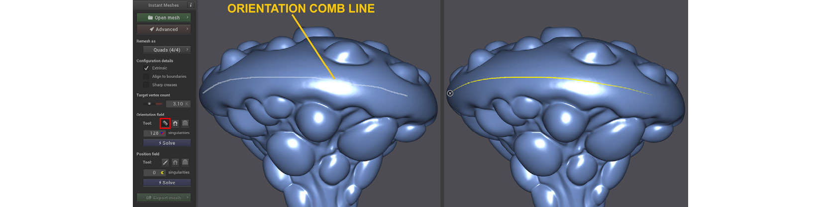 Figure 3.25 – (A) Drawing an orientation comb line across the surface of the model; (B) The orientation comb line becomes a colored line
