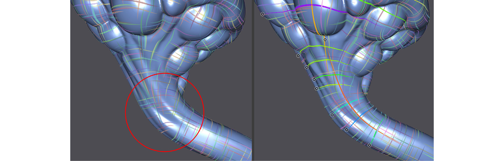 Figure 3.26 – (A) The Edge Flow was disorganized in the highlighted area;
(B) I have drawn multiple orientation comb lines to fix the Edge Flow
