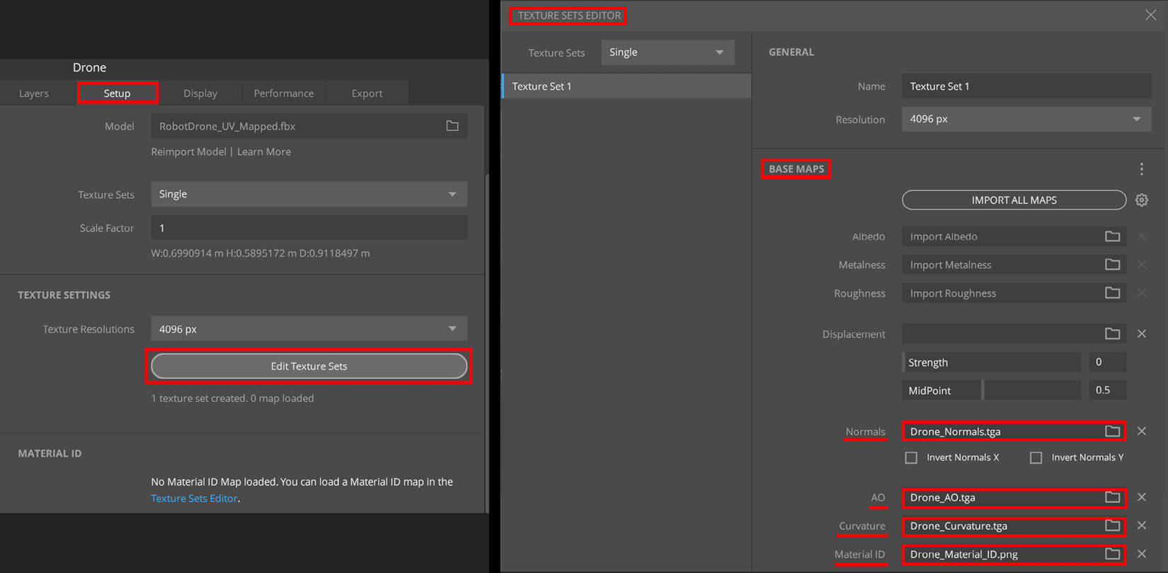 Figure 5.4 – Adding base maps to your model: (A) the Setup tab; (B) Texture Sets Editor
