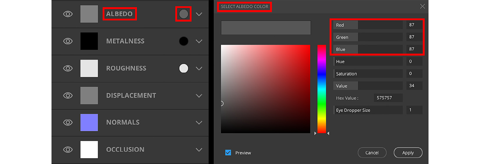 Figure 5.12 – (A) List of material components, with ALBEDO and the circle icon highlighted; 
(B) SELECT ALBEDO COLOR menu
