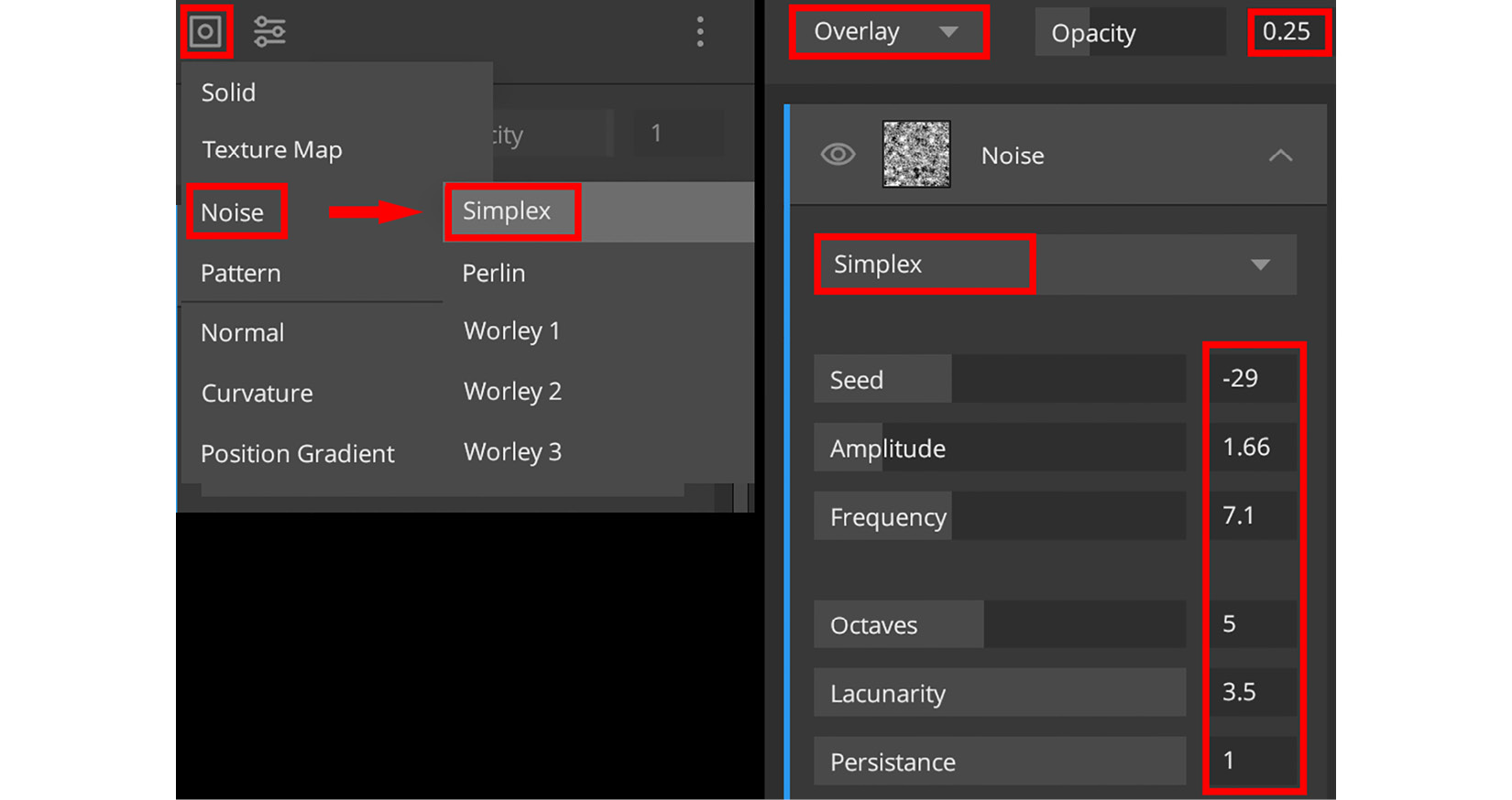 Figure 5.15 – (A) Adding a Simplex type noise mask component; 
(B) Settings for noise in the Property stack
