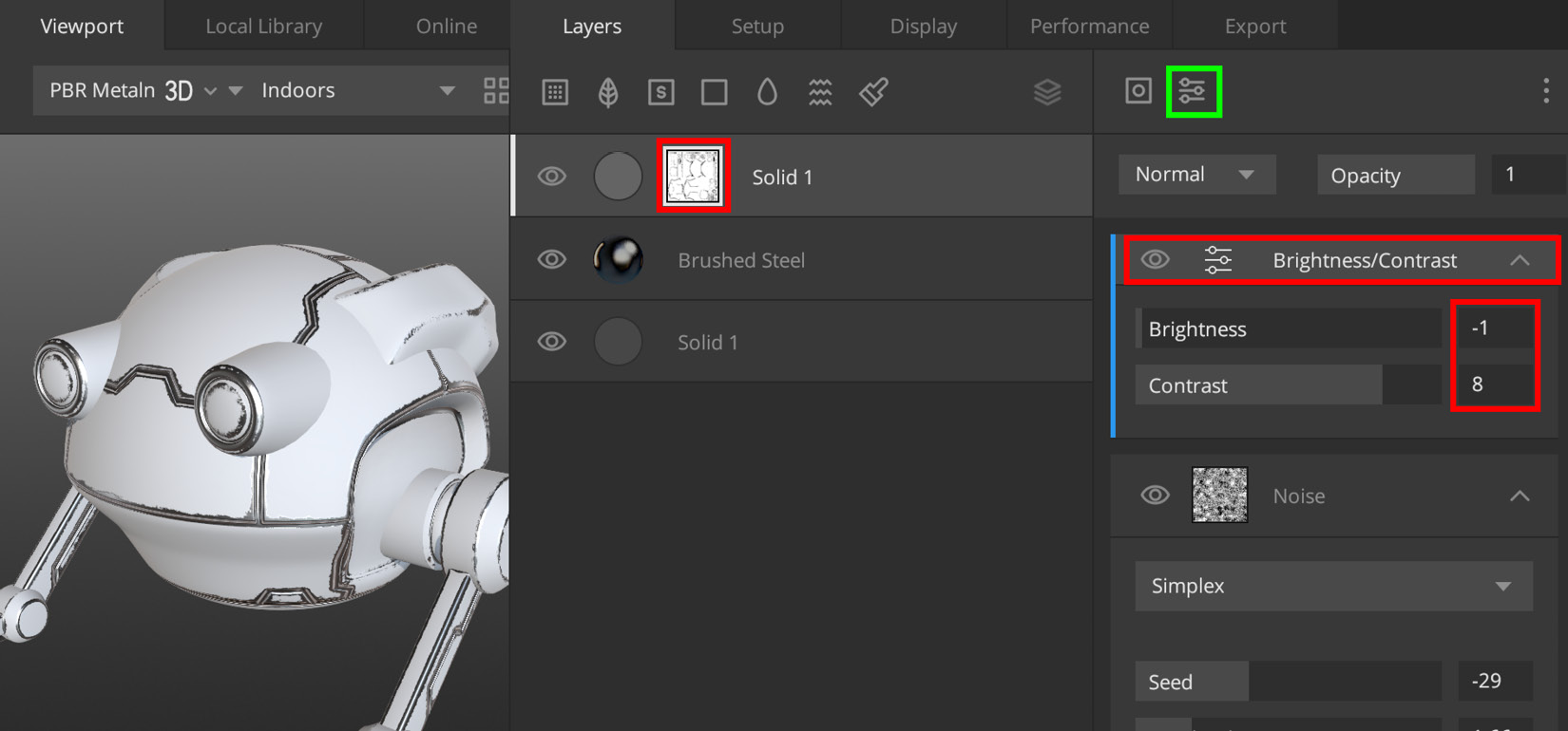 Figure 5.16 – Adding a Brightness/Contrast Mask modifier, and the settings used
