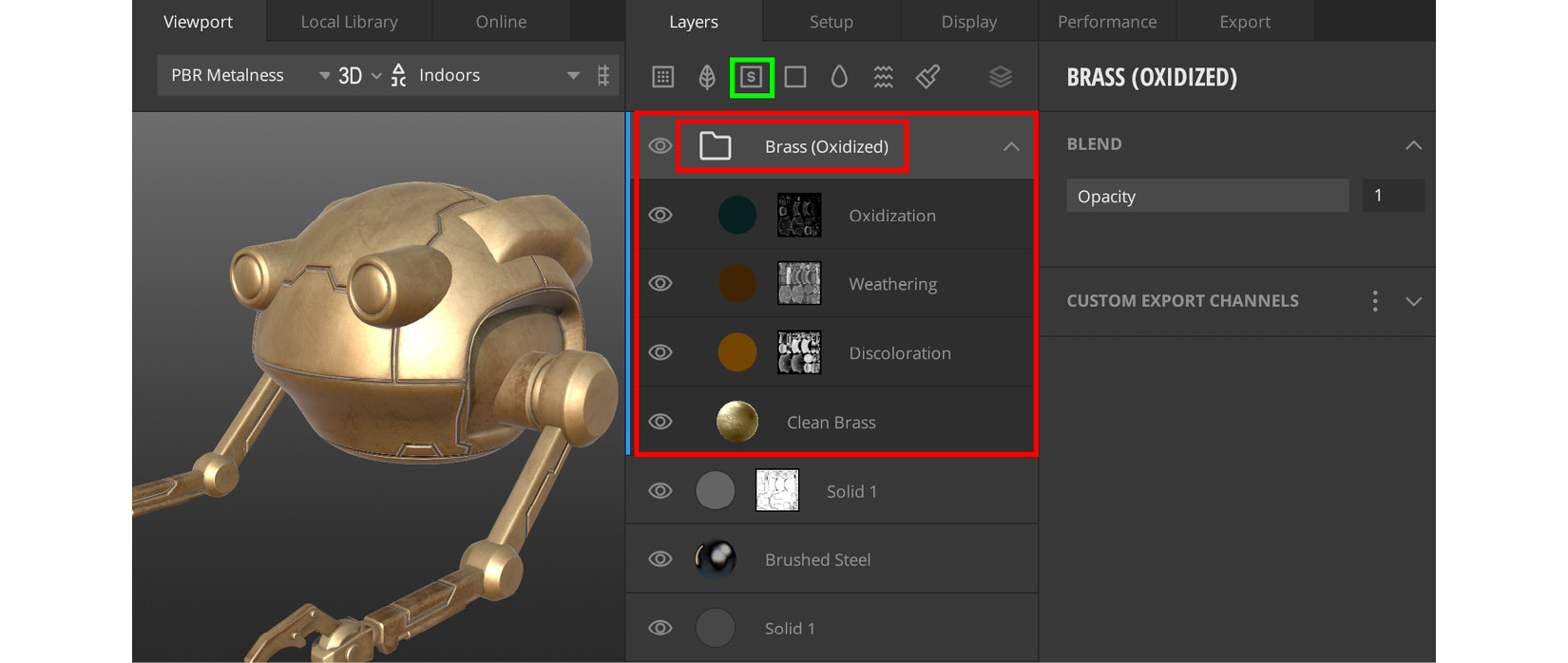 Figure 5.17 – The Add Smart Material icon highlighted in green, and the smart material with its layers highlighted in red
