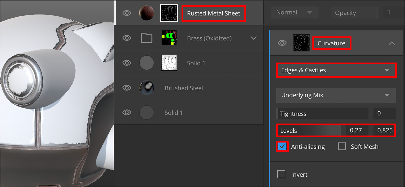 Figure 5.22 – Curvature settings for the Rusted Metal Sheet surface
