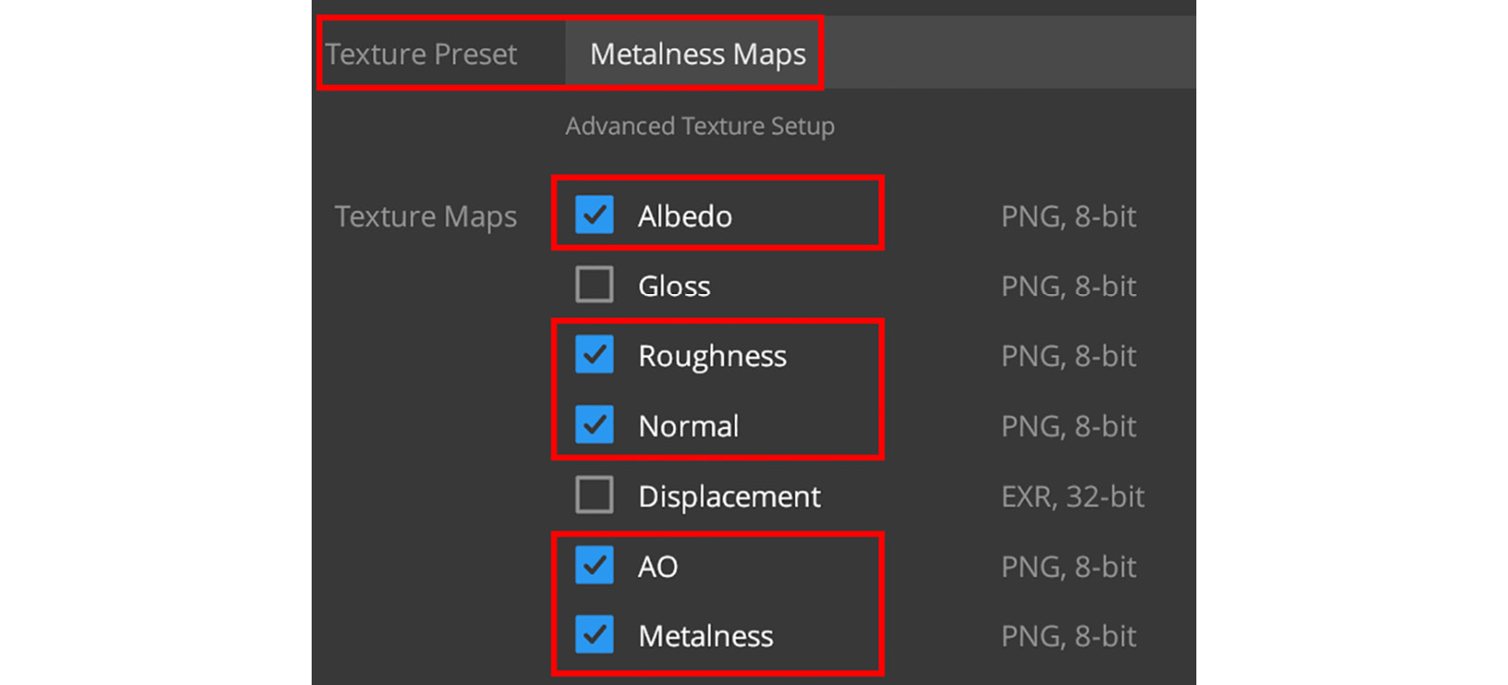 Figure 5.28 – Selecting texture maps to export for UE5
